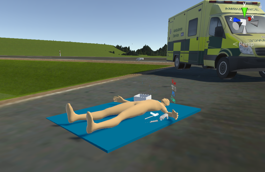 Prototype of the chest decompression simulator. The virtual patient is at the scene of a road accident.